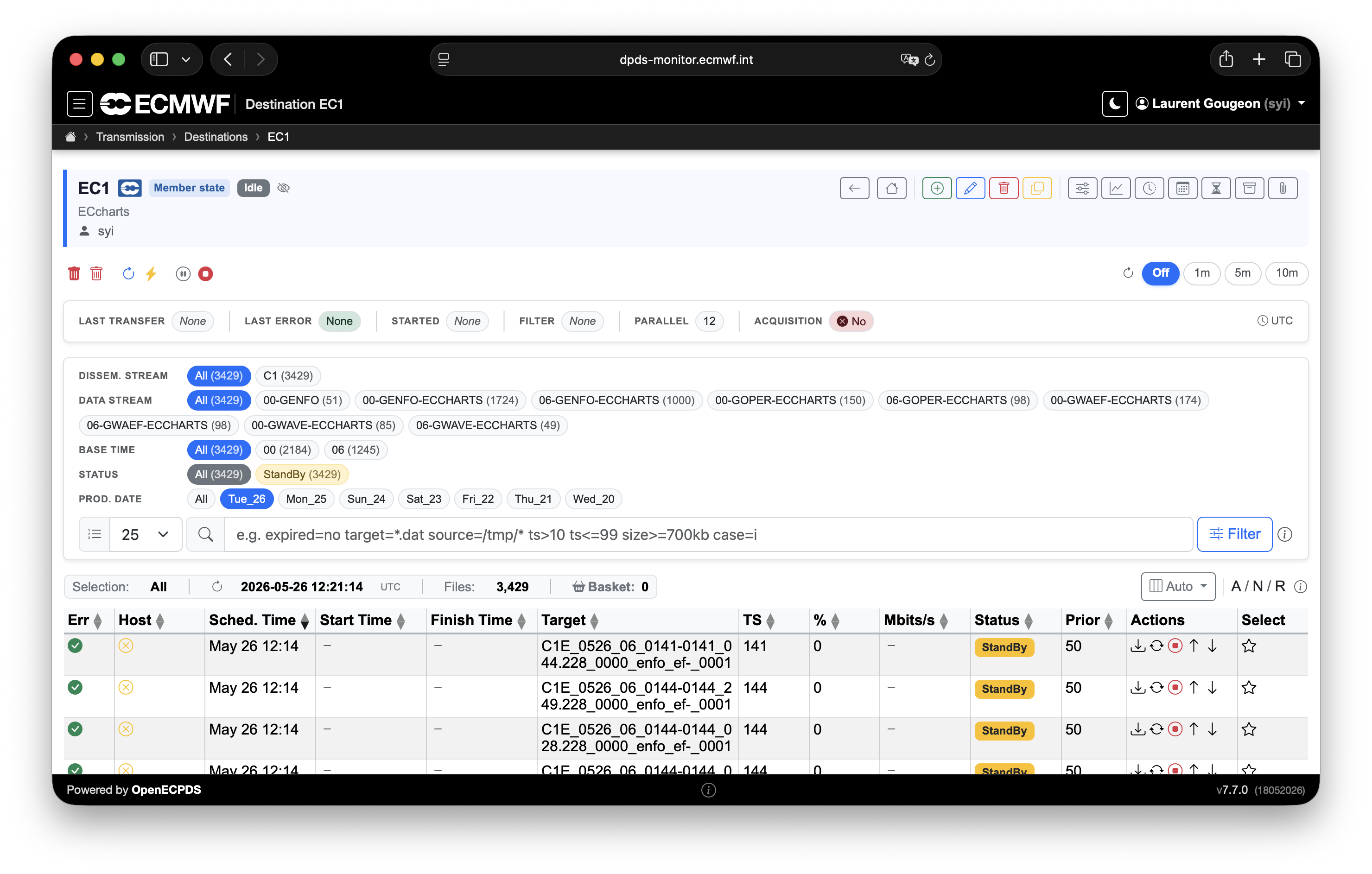 Destination view in the OpenECPDS monitoring interface