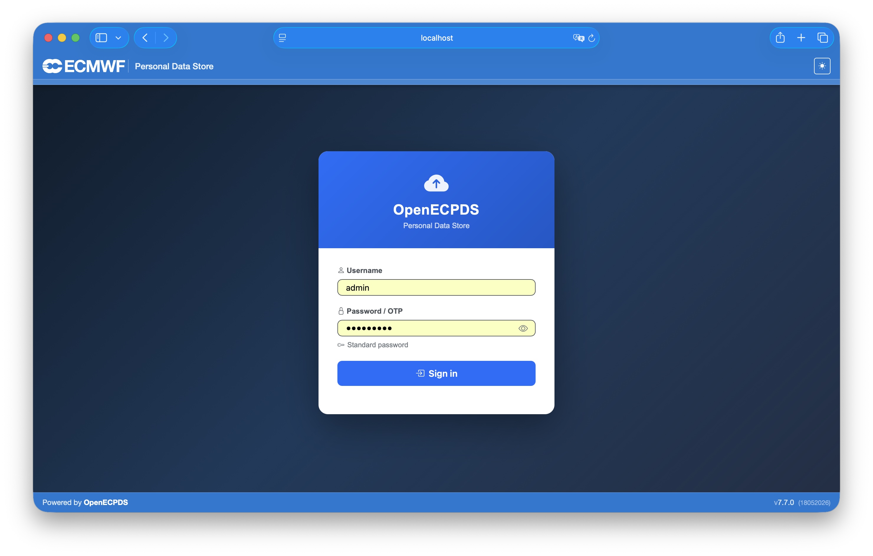 OpenECPDS Monitoring interface login screen